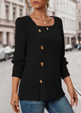 Button Long Sleeve Square Neck T Shirt