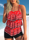 Asymmetry Paisley Print Red Tankini Top