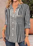 Patchwork Striped Long Sleeve Shirt Collar Blouse