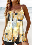 【24H Dispatch】Patchwork Geometric Print Light Yellow Tankini Top