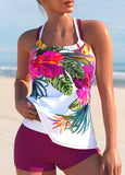 【24H Dispatch】Criss Cross Floral Print Hot Pink Tankini Set