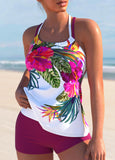 【24H Dispatch】Criss Cross Floral Print Hot Pink Tankini Set