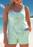 Tie Geometric Print Light Green Tankini Set