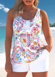 Lace Up Paisley Print White Tankini Set