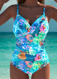 Cut Out Marine Life Print Cyan One Piece Swimwear