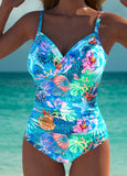 Cut Out Marine Life Print Cyan One Piece Swimwear