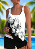 White Floral Print High Waisted Tankini Set