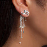 Rhinestone Embellished Chain Tassel Silver Earrings - soofoom.com