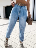 Blue Floral-Print Denim Casual Plain Pants