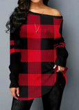 Red Plaid Skew Neck Long Sleeve T-shirt