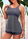 Wide Strap Geometric Print Light Grey Tankini Set