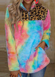 Tie-dye Fleece  Leopard Splicing Sweatshirt