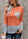 Stripe Pocket Sequins Splicing Long Sleeve O-neck Top