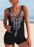 Tribal Print Black Double Straps Tankini Set