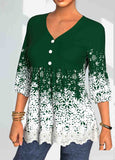 Snowflake Print Lace Patchwork V Neck Blouse