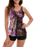 Double Straps Tie Dye Print Lace Up Tankini Set