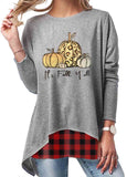 Plaid Halloween Pumpkin Print Asymmetric Hem T Shirt