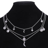 Star and Moon Decorated Silver Metal Necklace - soofoom.com