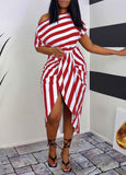 Striped Print One Shoulder Wrap Midi Dress