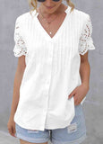 Pin Tuck Eyelet-Contrast Puff-Sleeve Button-Up Top