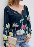 Flower Printed Zip V Neck T Shirt