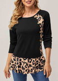 Leopard Decorative Button Round Neck T Shirt