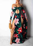 Floral Printed Hollow Out Split Dress - soofoom.com