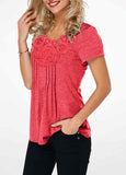 Crinkle Chest Short Sleeve Coral Red T Shirt