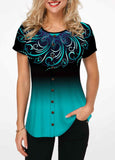 Round Neck Button Embellished Printed Blouse