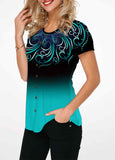 Round Neck Button Embellished Printed Blouse