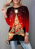 Layered Hem Christmas Tree Print T Shirt