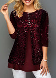 Sequin Panel Wine Red Button Detail T Shirt