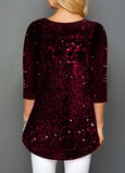 Sequin Panel Wine Red Button Detail T Shirt