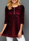 Sequin Panel Wine Red Button Detail T Shirt