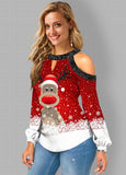 Cold Shoulder Christmas Print Sequin Contrast Blouse