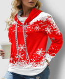 Snowflake Print Long Sleeve Drawstring Sweatshirt