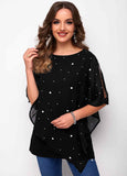 Polka Dot Mesh Stitching Slit Sleeve T Shirt