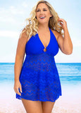 Plus Size Lace Stitching Halter Swimdress and Panty