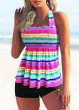 Rainbow Stripe Tie Back Shirred Tankini Set