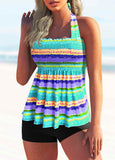 Rainbow Stripe Tie Back Shirred Tankini Set