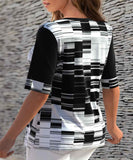 Split Neck Geometric Print Contrast T Shirt