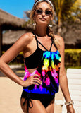 Tie Dye Print Colorful Cage Back Tankini Set