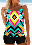 Multi Color Geometric Print Wide Strap Tankini Set