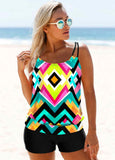 Multi Color Geometric Print Wide Strap Tankini Set