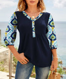 Shirred Three Quarters Sleeve V Neck Tunic Top