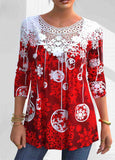 Snowflake Print Lace Stitching T Shirt