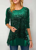 Sequin Green Velvet Stitching Round Neck Sweatshirt