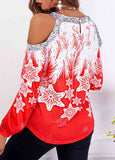 Christmas Snowflake Sequins Cold Shoulder  T-shirts