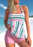 Wide Strap Striped Pink Tankini Set