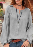 Solid Long Sleeve Open Round Neck Blouse